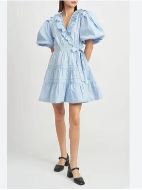 En Saison Baby Blue Tiered Ruffle Wrap Miniskirt